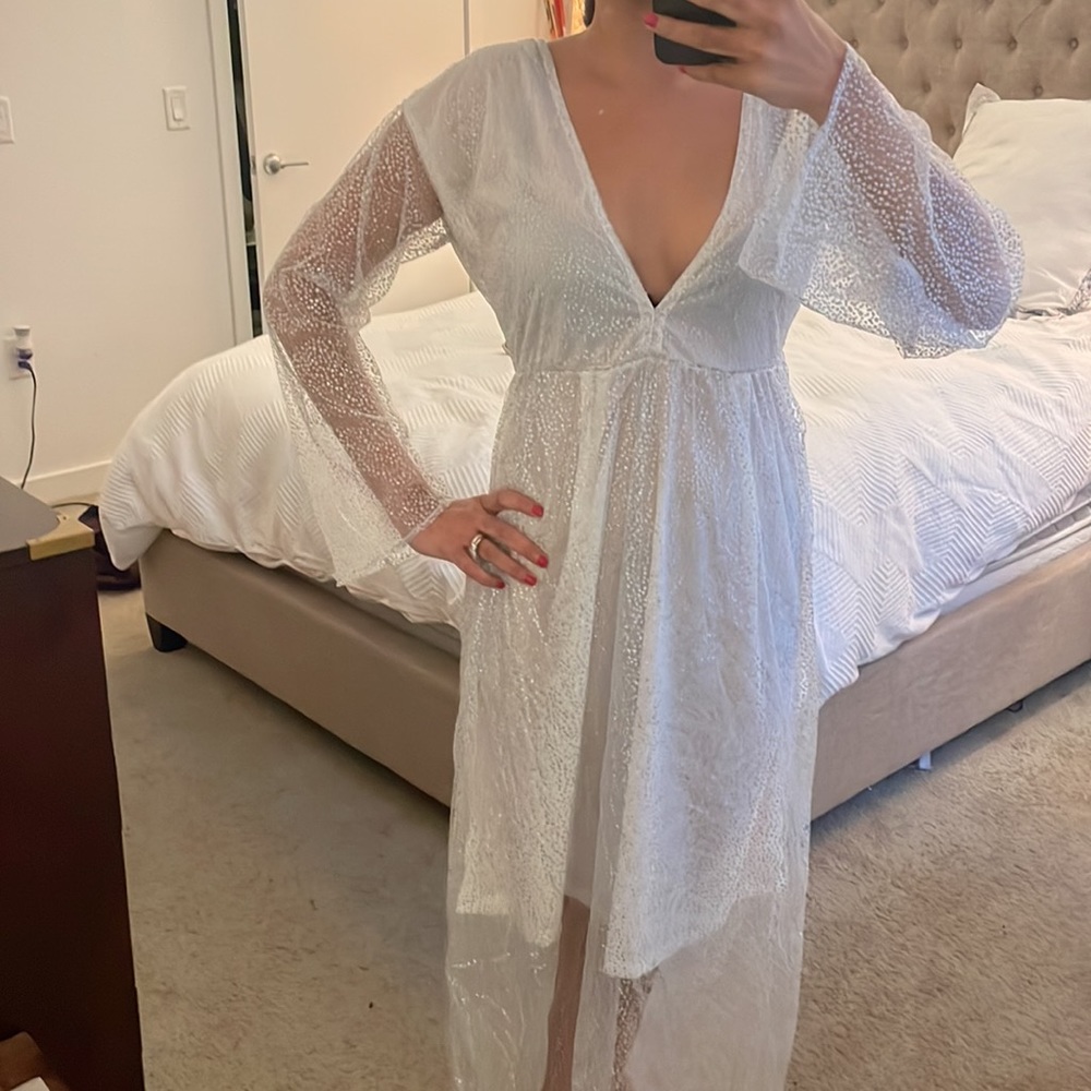 White Silver Shiny Long Dress with Sheer Sleeves and white underlining S - Picture 2 of 11